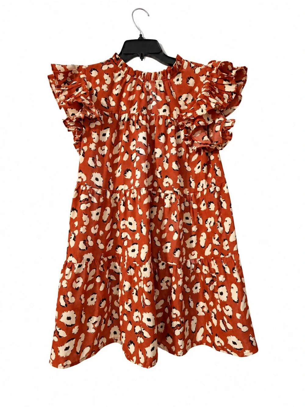 rust animal print ruffle tiered mini dress flutter sleeve boho
